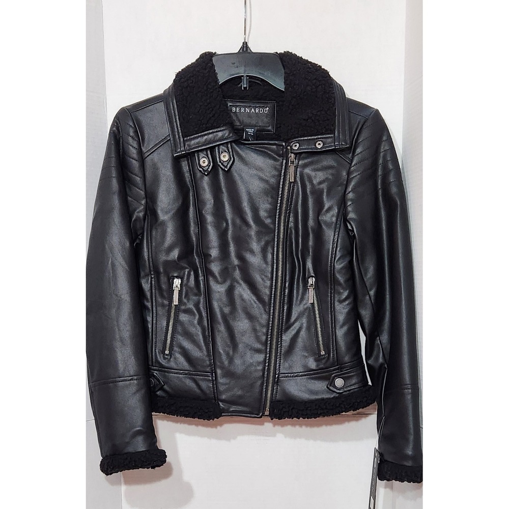 Bernardo Girls Black Faux Leather Sherpa Lined Moto Biker Jacket Size 14/16 NWT